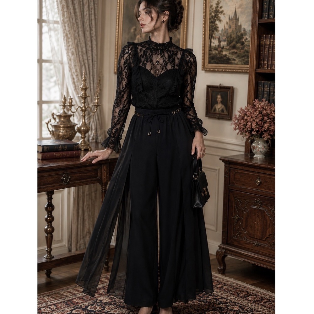 Cachet Black Jellyfish Pants Wide Leg Sheer Chiffon Panel Gold Chain Size 8 USA